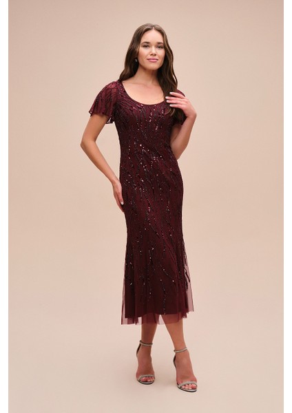 Bordo Kısa Kollu Payet Işlemeli Midi Boy Abiye Elbise WGIN3492D