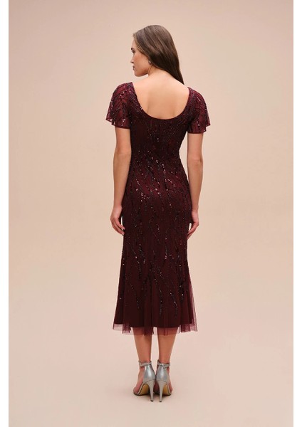Bordo Kısa Kollu Payet Işlemeli Midi Boy Abiye Elbise WGIN3492D
