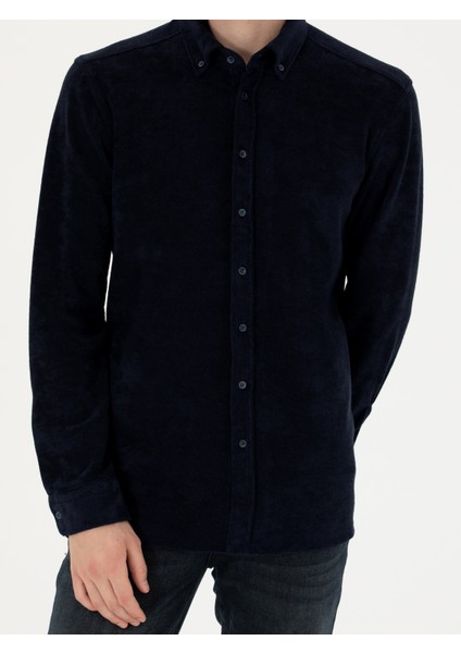 Erkek Lacivert Regular Fit Uzun Kollu Kadife Gömlek 50276943-VR033
