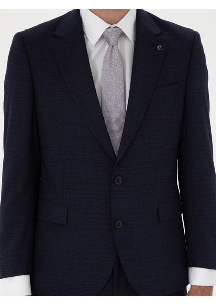 Erkek Lacivert Slim Fit Mikro Desenli Mono Yaka Yün Karışımlı Takım Elbise 50272937-VR033