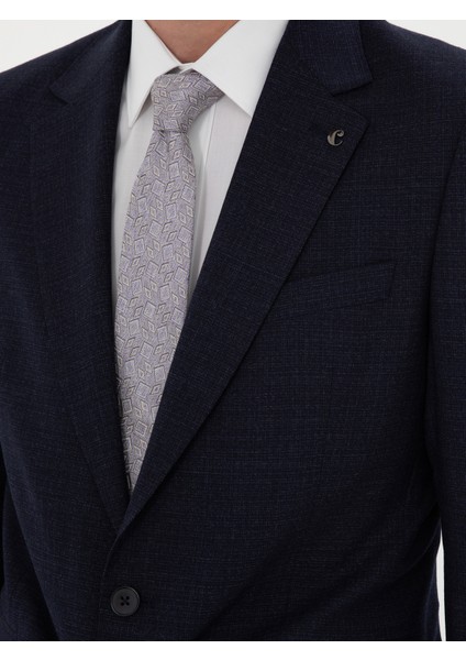 Erkek Lacivert Slim Fit Mikro Desenli Mono Yaka Yün Karışımlı Takım Elbise 50272937-VR033