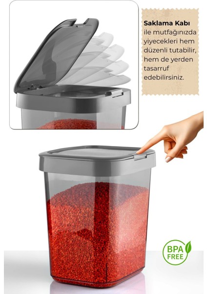 4'lü Mega Un Bakliyat Kabı - Kilit Kapaklı Deterjanlık Toz Deterjan Saklama Kutusu 6 Lt -Antrasit