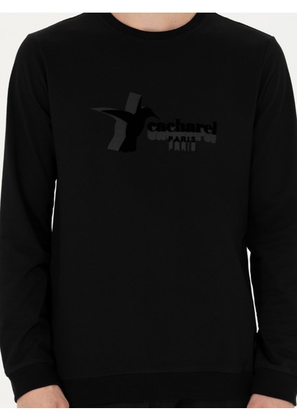 Erkek Siyah Regular Fit Pamuk Karışımlı Bisiklet Yaka Sweatshirt 50272526-VR046