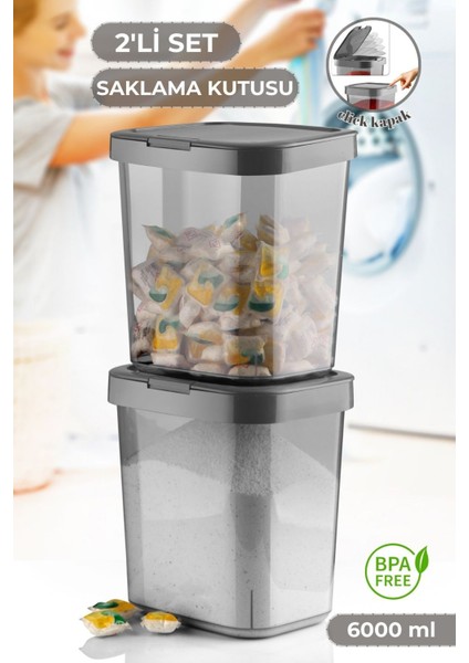 2'li Banyo Düzenleyici Deterjan Saklama Kabı - Kilitli Kapaklı Deterjanlık Toz Tablet Deterjan Kabı