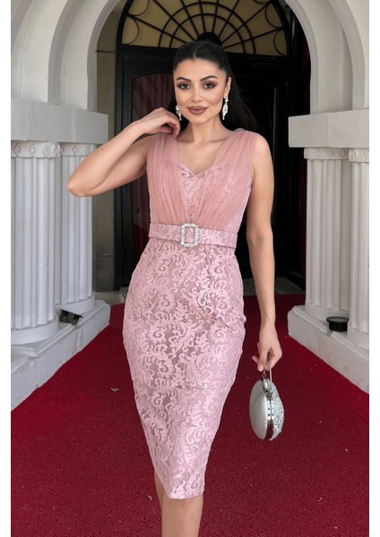 Dantel Kumaş Tül Detaylı Kalem Elbise - Pudra modelleri