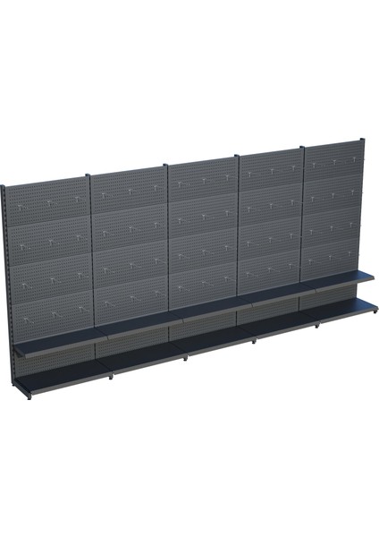 Antrasit Market Petshop Kırtasiye Rafı Hırdavat Rafı D30CMXG350CMXH220CM Antrasit Delikli Pano + Kancalı Raf