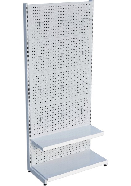 Beyaz Market Petshop Kırtasiye Rafı Hırdavat Rafı D30CMXG80CMXH220CM Beyaz Delikli Pano + Kancalı Raf