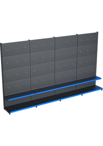 Antrasit Market Petshop Kırtasiye Rafı Hırdavat Rafı D30CMXG400CMXH220CM Antrasit Delikli Pano + Kancalı Raf