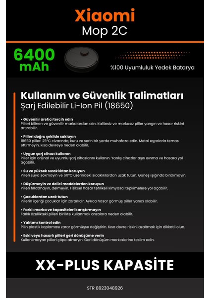 Xiaomi Xiaomi Mi Vacuum Mop 2c 6400MAH Robot Süpürge Bataryası - Yüksek Yoğunluklu Li-Ion Hücre