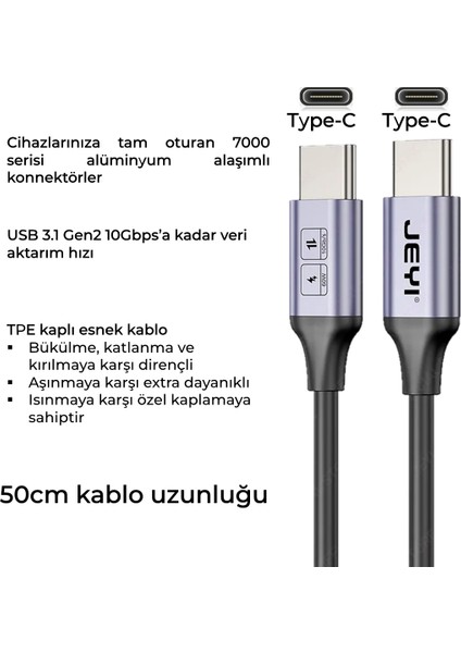 50cm Type-C to Type-C USB 3.1 Gen2 10G 60W/3A Veri Şarj Kablosu