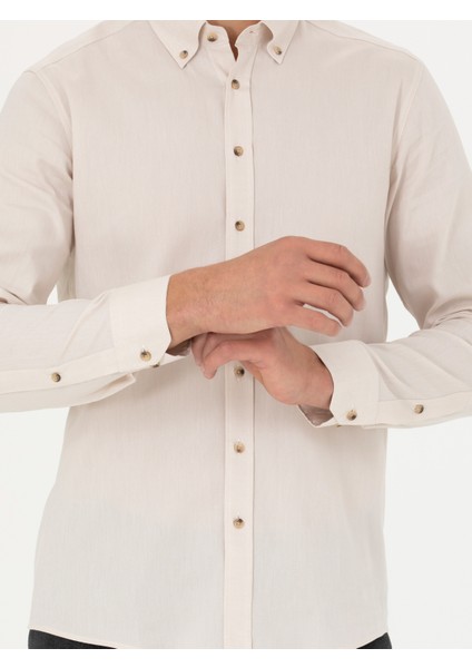Erkek Bej Slim Fit %100 Pamuk Oxford Gömlek 50270162-VR011