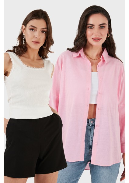 Streç Pamuklu Oversize Fit 2' Li Paket Gömlek-Atlet Set Bayan Gömlek-Atlet Set 67810014979S2