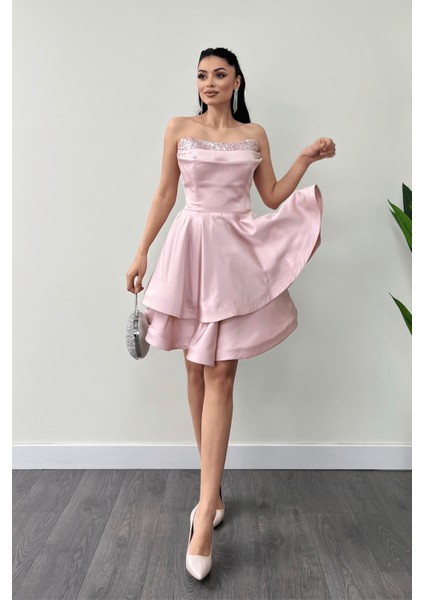 Saten Kumaş Payet Detaylı Straplez Mini Elbise - Pudra