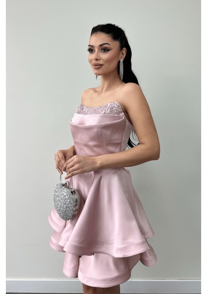 Saten Kumaş Payet Detaylı Straplez Mini Elbise - Pudra modelleri
