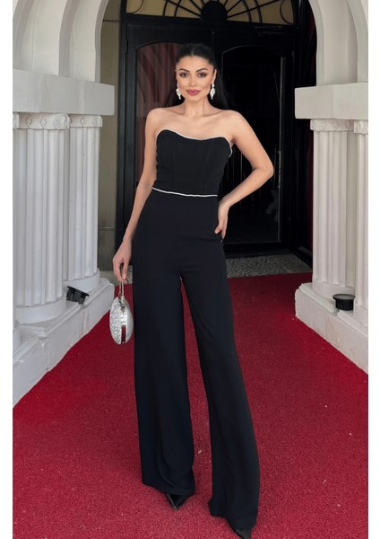 Şifon Krep Kumaş Straplez Pırıltı Detaylı Tulum - Siyah fiyatları