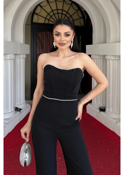 Şifon Krep Kumaş Straplez Pırıltı Detaylı Tulum - Siyah modelleri