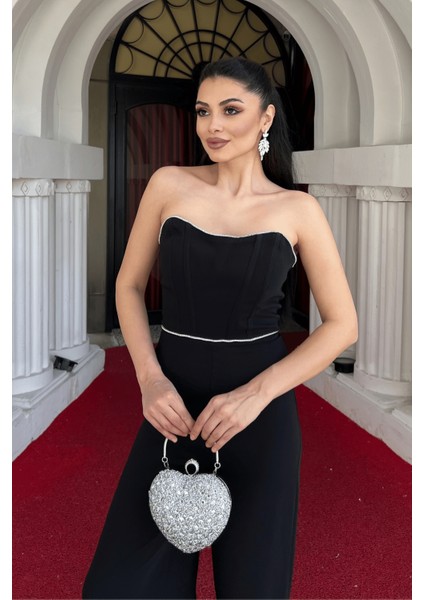 Şifon Krep Kumaş Straplez Pırıltı Detaylı Tulum - Siyah fırsatları