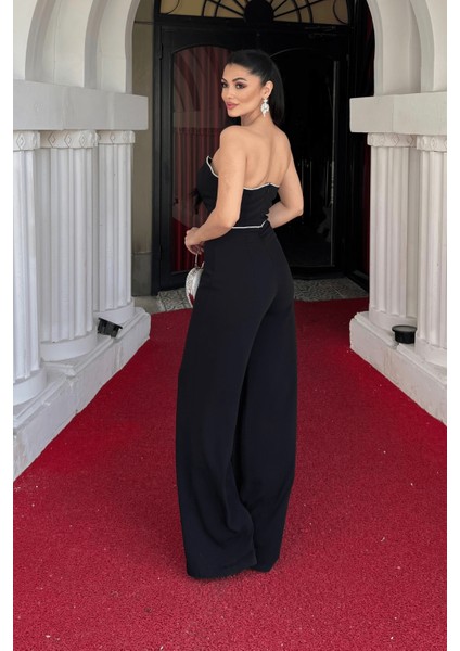 Şifon Krep Kumaş Straplez Pırıltı Detaylı Tulum - Siyah indirimleri