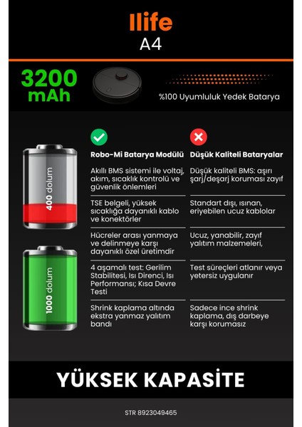 İlife A4 3200mAh Robot Süpürge Bataryası - Yüksek Yoğunluklu Li-ion Hücre