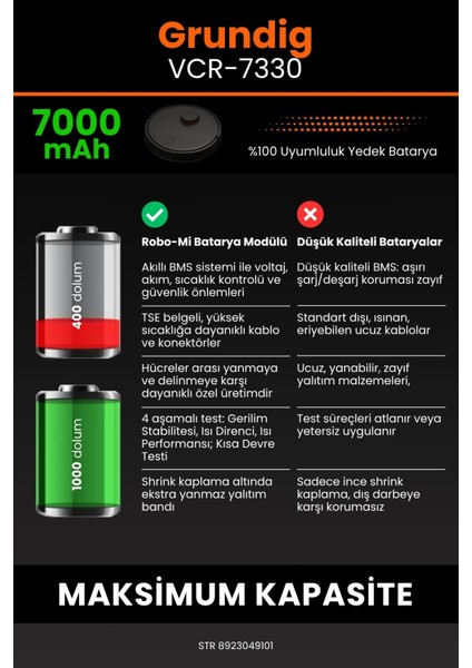 Grundig Vcr 7330 7000mAh Robot Süpürge Bataryası - Yüksek Yoğunluklu Li-ion Hücre