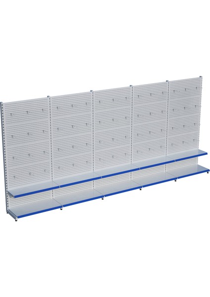 Beyaz Market Petshop Kırtasiye Rafı Hırdavat Rafı D30CMXG500CMXH220CM Beyaz Delikli Pano + Kancalı Raf