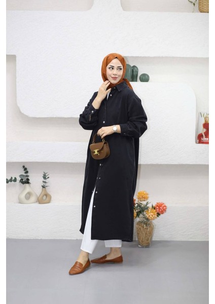 9058 - Çıtçıtlı Uzun Rahat-Şık Kadın Ince Kot Tunik Ceket