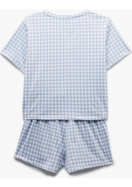Baskılı Pötikare Desenli Kısa Kollu Bisiklet Yaka Şortlu Pijama Takımı