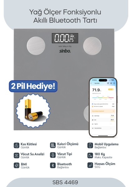 SBS-4469 Bluetooth Dijital Yağ Su Kas Vücut Kitle Endeksi Kilo Ölçer Tartı Baskül