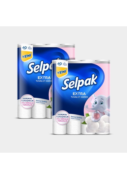 Selpak ® Extra Pamuk Katkılı ve Pudra Kokulu 40'lı Tuvalet Kağıdı - 2'li