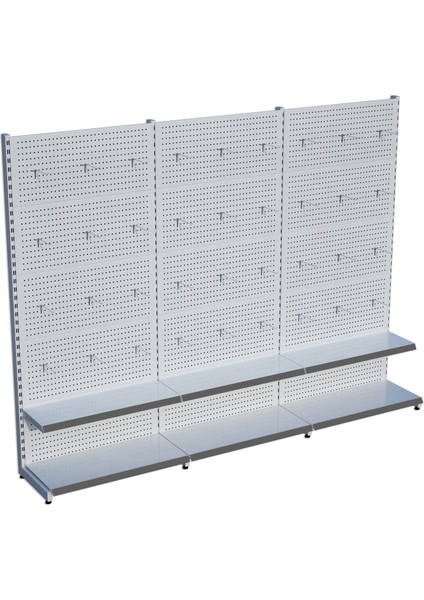 Beyaz Market Petshop Kırtasiye Rafı Hırdavat Rafı D30CMXG240CMXH220CM Beyaz Delikli Pano + Kancalı Raf