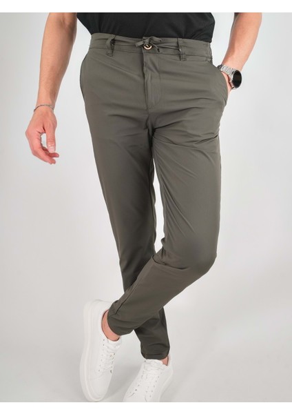 Yan Cep Beli Lastikli Ince Haki Jogger Pantolon
