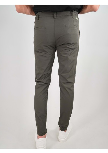 Yan Cep Beli Lastikli Ince Haki Jogger Pantolon