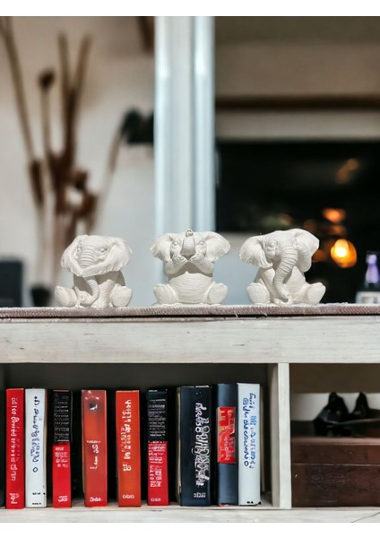 3lü Görmedim Duymadım Bilmiyorum Fil Biblo & 8 cm Taş Tozu Hediyelik Dekoratif Obje ve Biblo
