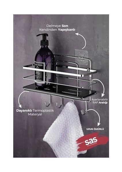 Haus Yapışkanlı Ömür Boyu Paslanmaz Ayarlanabilir Raf Banyo Düzenleyici Şampuanlık Krom Siyah Lş-01