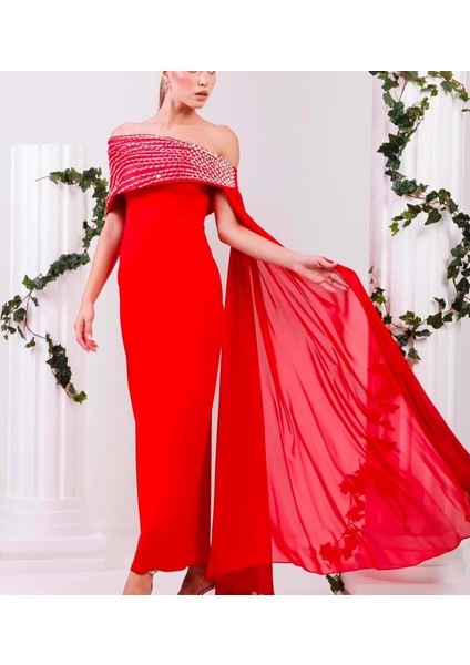 25Y8054 Hennin Abiye Straplez Yaka Taş Detay Bel Kemerli - Hennin - 25Y8054 - Kırmızı - 40