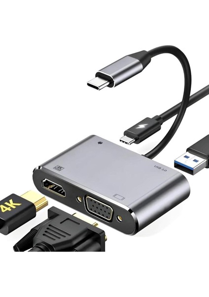 CF02 Macbook Uyumlu Type-C™ To 4K Ultra Hd 1080P Hdmı/vga/pd Şarj/usb 3.0 4ın1 Çevirici Hub Adaptör