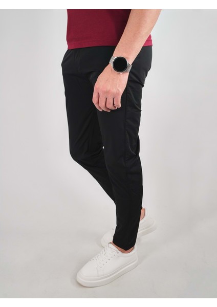 Yan Cep Beli Lastikli Ince Siyah Jogger Pantolon