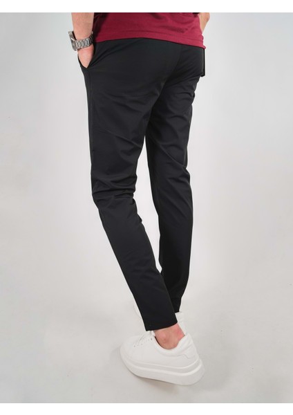 Yan Cep Beli Lastikli Ince Siyah Jogger Pantolon