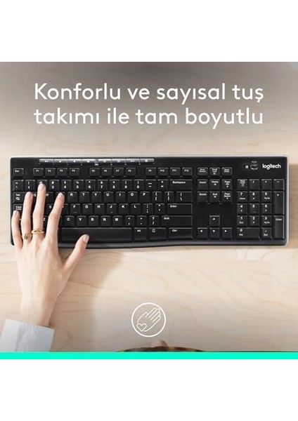 K270 Kablosuz Klavye, Tuş Takımı, Sıvı Dökülmesine Dayanıklı, 10 M Kullanım Mesafesi, Türkçe Q Klavye, Siyah
