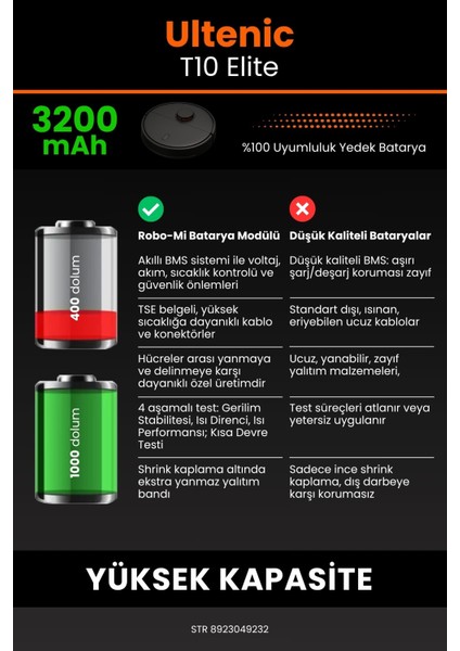 Ultenic T10 Elite 3200mAh Robot Süpürge Bataryası - Yüksek Yoğunluklu Li-ion Hücre