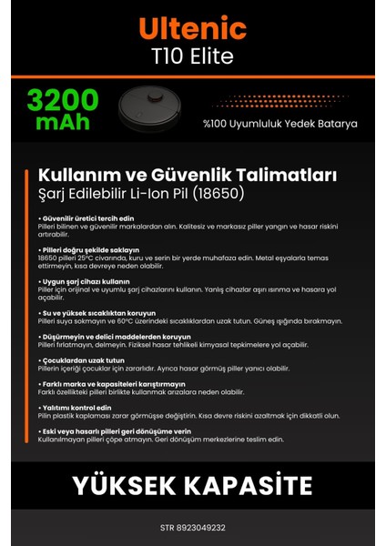 Ultenic T10 Elite 3200mAh Robot Süpürge Bataryası - Yüksek Yoğunluklu Li-ion Hücre