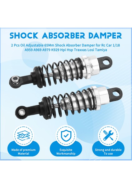 2 Adet Yağ Ayarlanabilir 65MM Amortisör Sönümleyici Rc Araba Için 1/18 Wltoys A959 A969 A979 K929 Hpi Hsp Traxxas Losi Tamiya, Gümüş (Yurt Dışından)