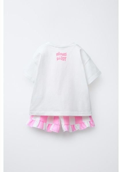 Kız Çocuk Minnie Mouse Daisy Duck Baskılı T-Shirt ve Çizgili Fırfırlı Şort Takım