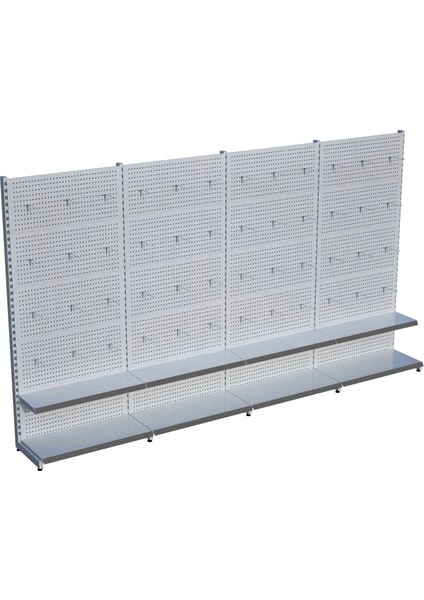 Beyaz Market Petshop Kırtasiye Rafı Hırdavat Rafı D30CMXG280CMXH220CM Beyaz Delikli Pano + Kancalı Raf