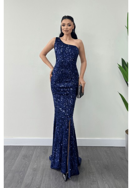 Kadife Payet Tek Kol Abiye Elbise - Lacivert