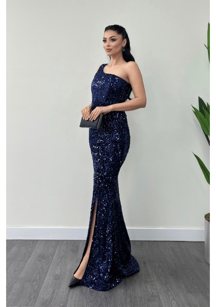 Kadife Payet Tek Kol Abiye Elbise - Lacivert fiyatları