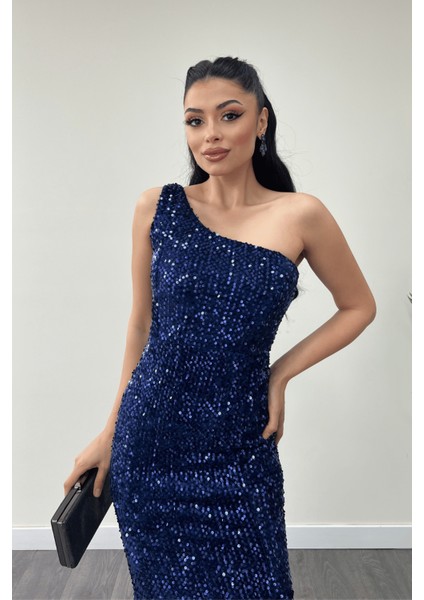 Kadife Payet Tek Kol Abiye Elbise - Lacivert modelleri