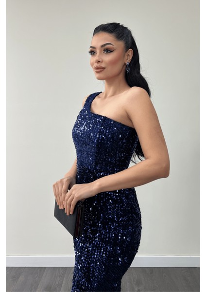 Kadife Payet Tek Kol Abiye Elbise - Lacivert fırsatları