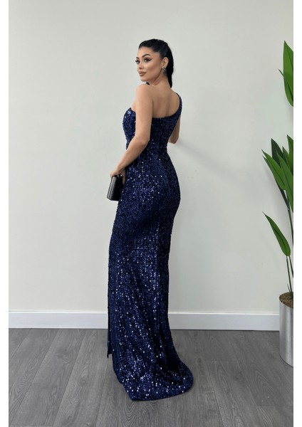 Kadife Payet Tek Kol Abiye Elbise - Lacivert indirimleri