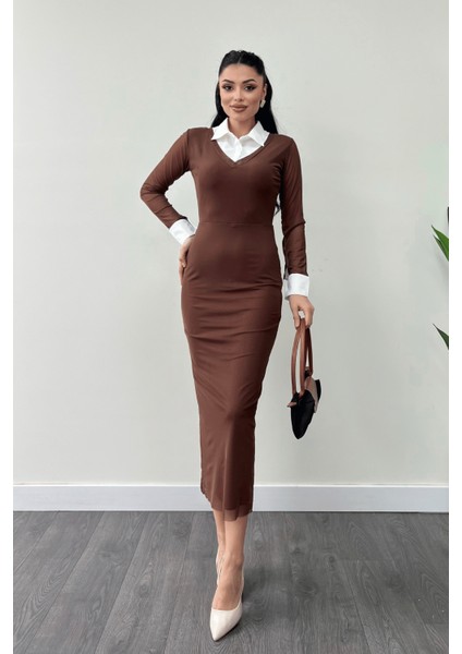 Tül Kumaş Yaka Manşet Detaylı Kalem Elbise - Kahverengi
